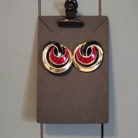 Vintage Gold Tone Enamel Swirl Pierced Earrings Black Red Round 1” - Picture 5 of 8